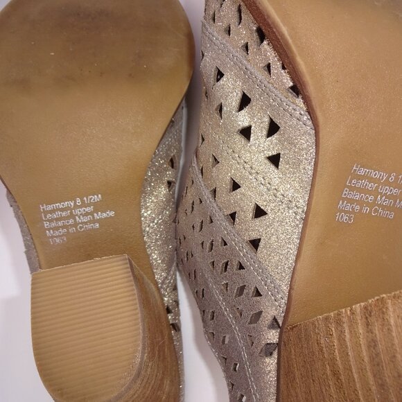 Womens Steve Madden Harmony Gold Leather Mules 8.5M 8.5 Cutouts Heels Shoes - Picture 9 of 9